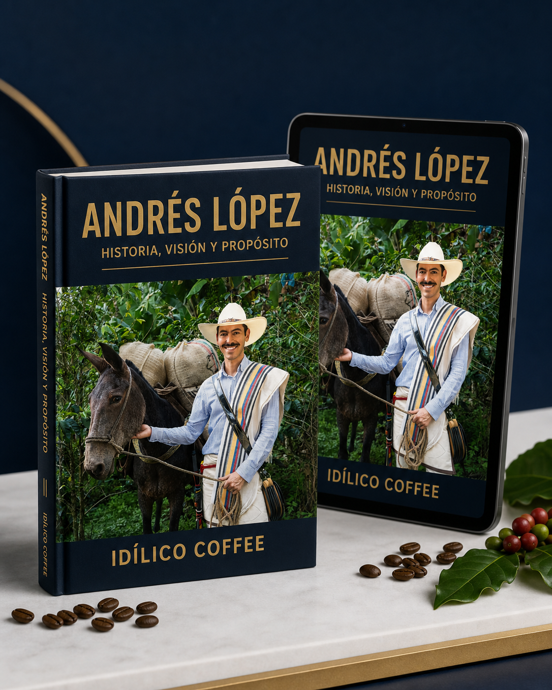 Mockup editorial del libro físico y la versión digital en tablet para Andrés López e Idílico Coffee